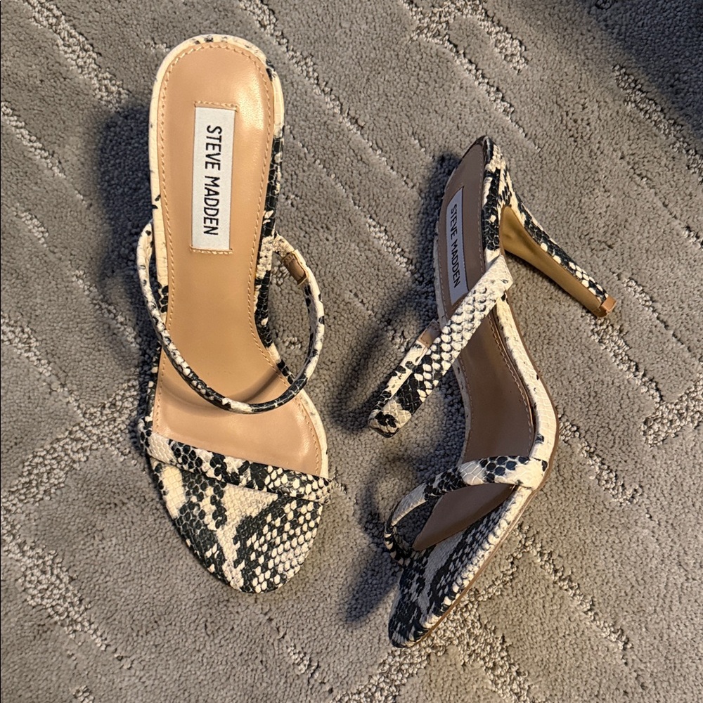Steve Madden Black and White Snake-Print Strappy Heeled Sandals